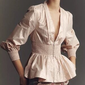 NEW Anthropologie The Tommie Long-Sleeve Shine Smocked Front-Zip Blouse